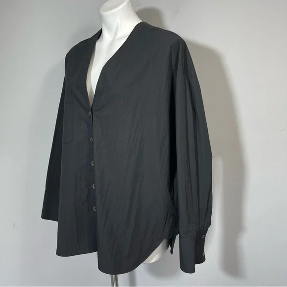 CO Collections V-Neck Blouse in Cotton Blend Poplin Black S Luxury Minimalist